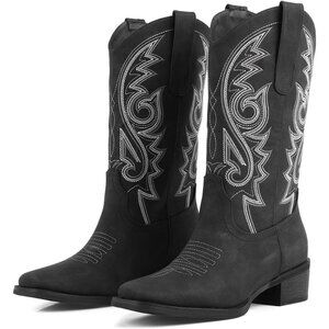 Women Black With White Embroidery Western Cowboy Boots White Comfortable